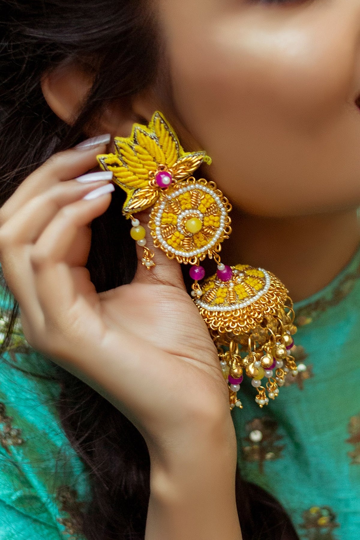 Embroidered Lotus Jhumkas 