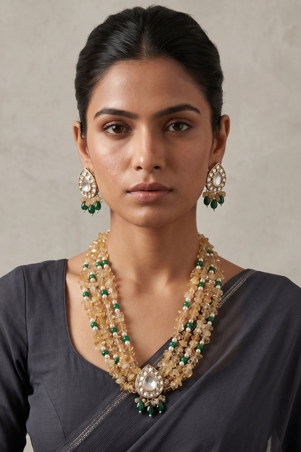 Gold Finish Kundan Polki & Citrine Beaded Layered Necklace Set