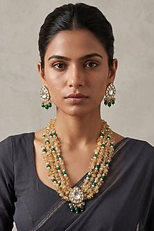 Gold Finish Kundan Polki & Citrine Beaded Layered Necklace Set