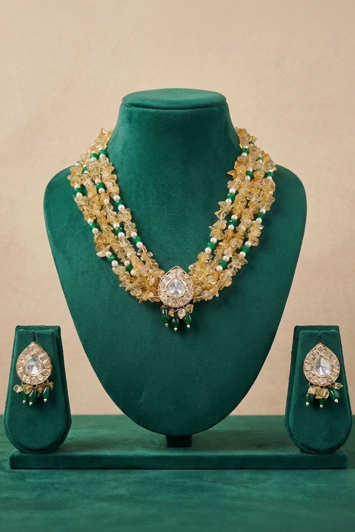 Gold Finish Kundan Polki & Citrine Beaded Layered Necklace Set