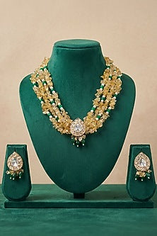 Gold Finish Kundan Polki & Citrine Beaded Layered Necklace Set