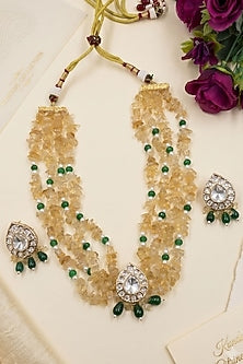 Gold Finish Kundan Polki & Citrine Beaded Layered Necklace Set