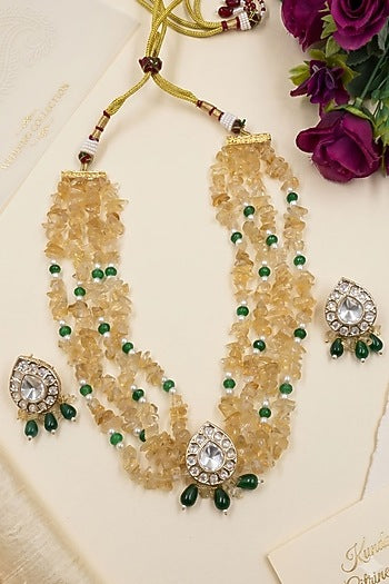 Gold Finish Kundan Polki & Citrine Beaded Layered Necklace Set