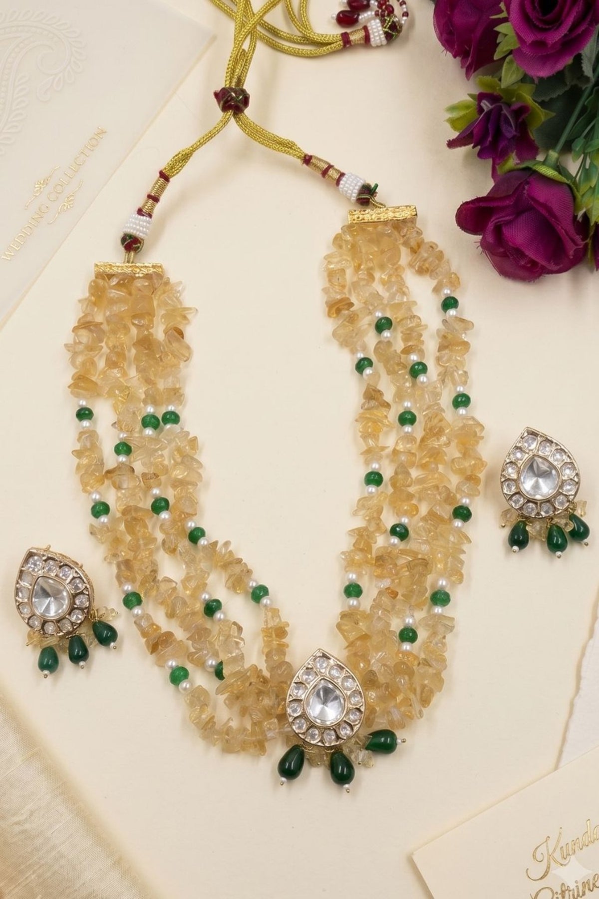 Gold Finish Kundan Polki & Citrine Beaded Layered Necklace Set