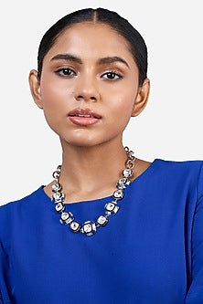 Black Rhodium Finish Blue Lapis Stone & Crystal Choker Necklace