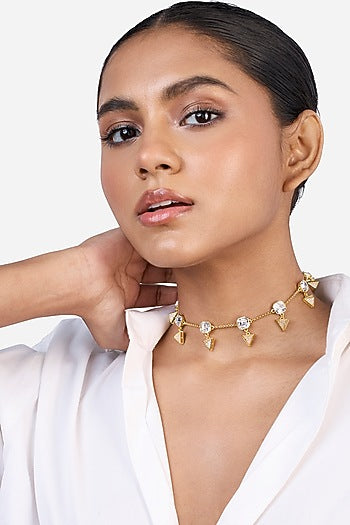 Gold Plated CZ Stone & Crystal Pyramid Choker Necklace