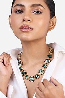 Gold Plated Green Synthetic Stone & Crystal Choker Necklace