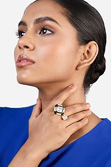 Black Rhodium Finish Black Synthetic Stone & Crystal Double Ring