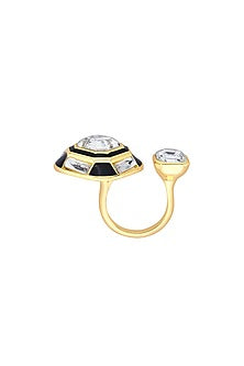 Black Rhodium Finish Black Synthetic Stone & Crystal Double Ring
