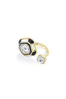 Black Rhodium Finish Black Synthetic Stone & Crystal Double Ring