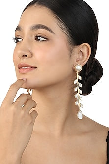 Gold Plated Pearl & CZ Stones Dangler Earrings