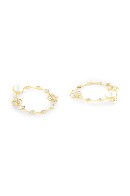 Gold Plated Pearl & CZ Stones Hoop Earrings