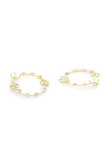Gold Plated Pearl & CZ Stones Hoop Earrings