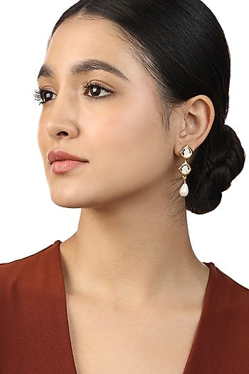Gold Plated Mirror & Pearl Dangler Earrings
