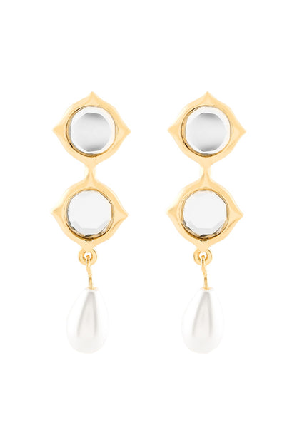 Gold Plated Mirror & Pearl Dangler Earrings