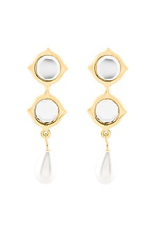 Gold Plated Mirror & Pearl Dangler Earrings