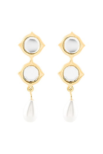 Gold Plated Mirror & Pearl Dangler Earrings