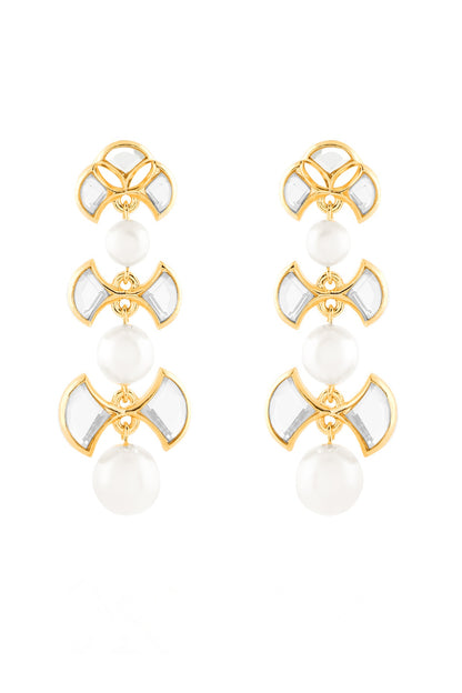Gold Plated Mirror & Pearl Dangler Earrings