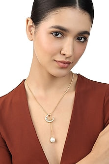 Gold Plated Mirror & Pearl Long Necklace