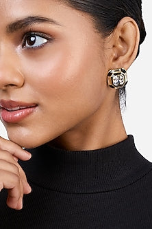 Gold Plated Black Synthetic Stone & Crystal Stud Earrings