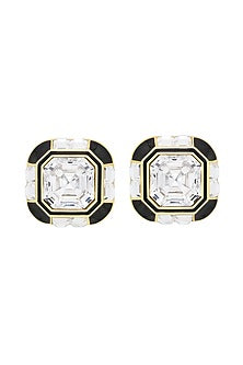 Gold Plated Black Synthetic Stone & Crystal Stud Earrings
