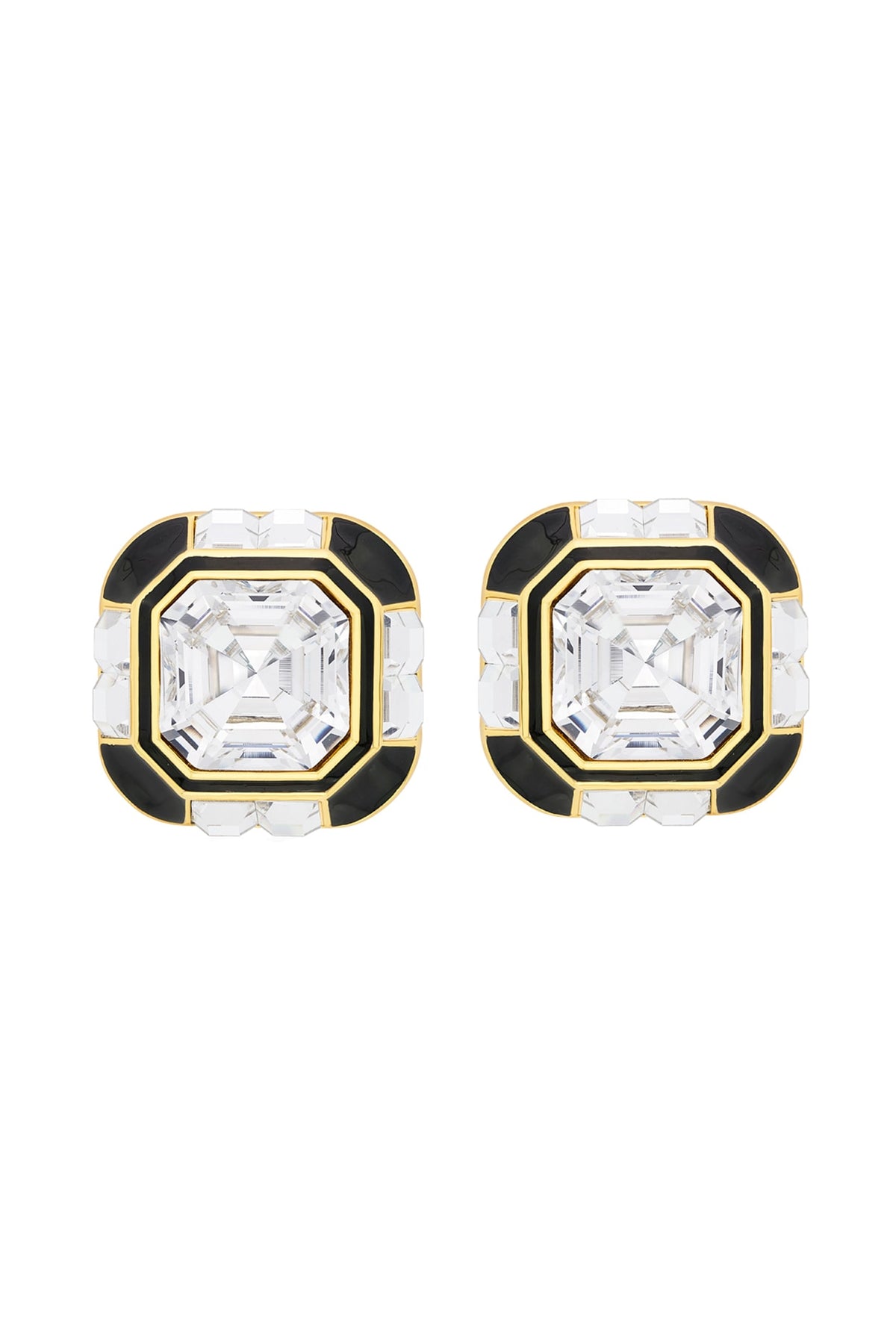Gold Plated Black Synthetic Stone & Crystal Stud Earrings