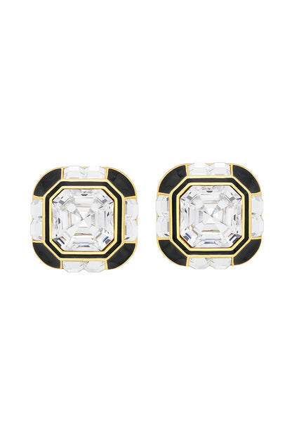 Gold Plated Black Synthetic Stone & Crystal Stud Earrings