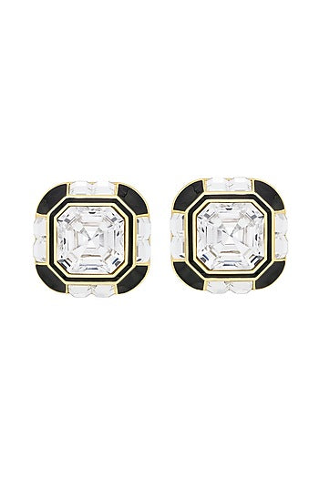 Gold Plated Black Synthetic Stone & Crystal Stud Earrings