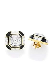 Gold Plated Black Synthetic Stone & Crystal Stud Earrings