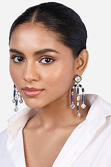 Black Rhodium Finish Blue Synthetic Stone & Crystal Chandelier Earrings