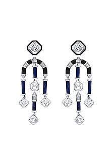 Black Rhodium Finish Blue Synthetic Stone & Crystal Chandelier Earrings