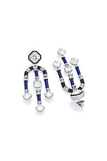 Black Rhodium Finish Blue Synthetic Stone & Crystal Chandelier Earrings