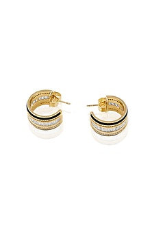 Gold Plated CZ Stone Black Enameled Hoop Earrings
