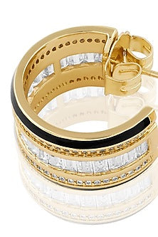 Gold Plated CZ Stone Black Enameled Hoop Earrings