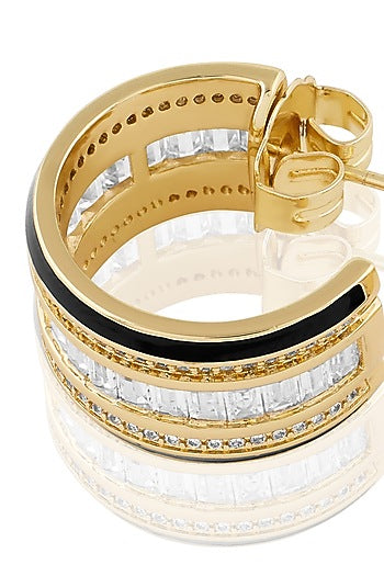 Gold Plated CZ Stone Black Enameled Hoop Earrings