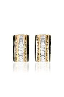 Gold Plated CZ Stone Black Enameled Hoop Earrings