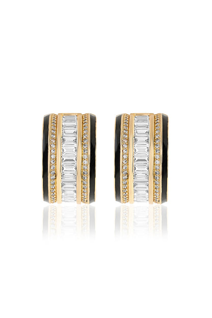 Gold Plated CZ Stone Black Enameled Hoop Earrings