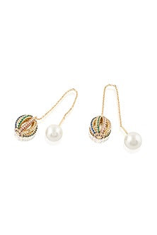 Gold Plated CZ Stone & Pearl Disco Needle Thread Earrings