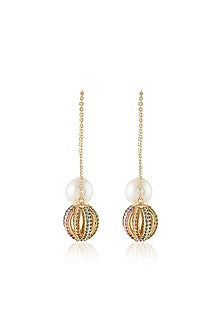 Gold Plated CZ Stone & Pearl Disco Needle Thread Earrings