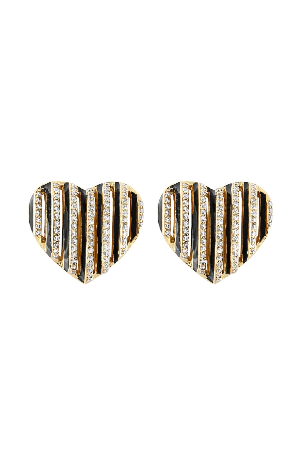 Gold Plated Black CZ Stone Enameled Heartbeat Stud Earrings