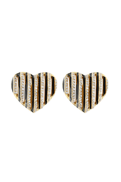 Gold Plated Black CZ Stone Enameled Heartbeat Stud Earrings