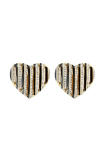 Gold Plated Black CZ Stone Enameled Heartbeat Stud Earrings