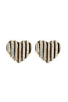 Gold Plated Black CZ Stone Enameled Heartbeat Stud Earrings