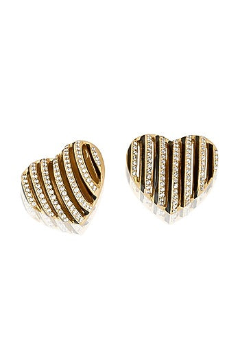 Gold Plated Black CZ Stone Enameled Heartbeat Stud Earrings