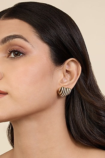 Gold Plated Black CZ Stone Enameled Heartbeat Stud Earrings