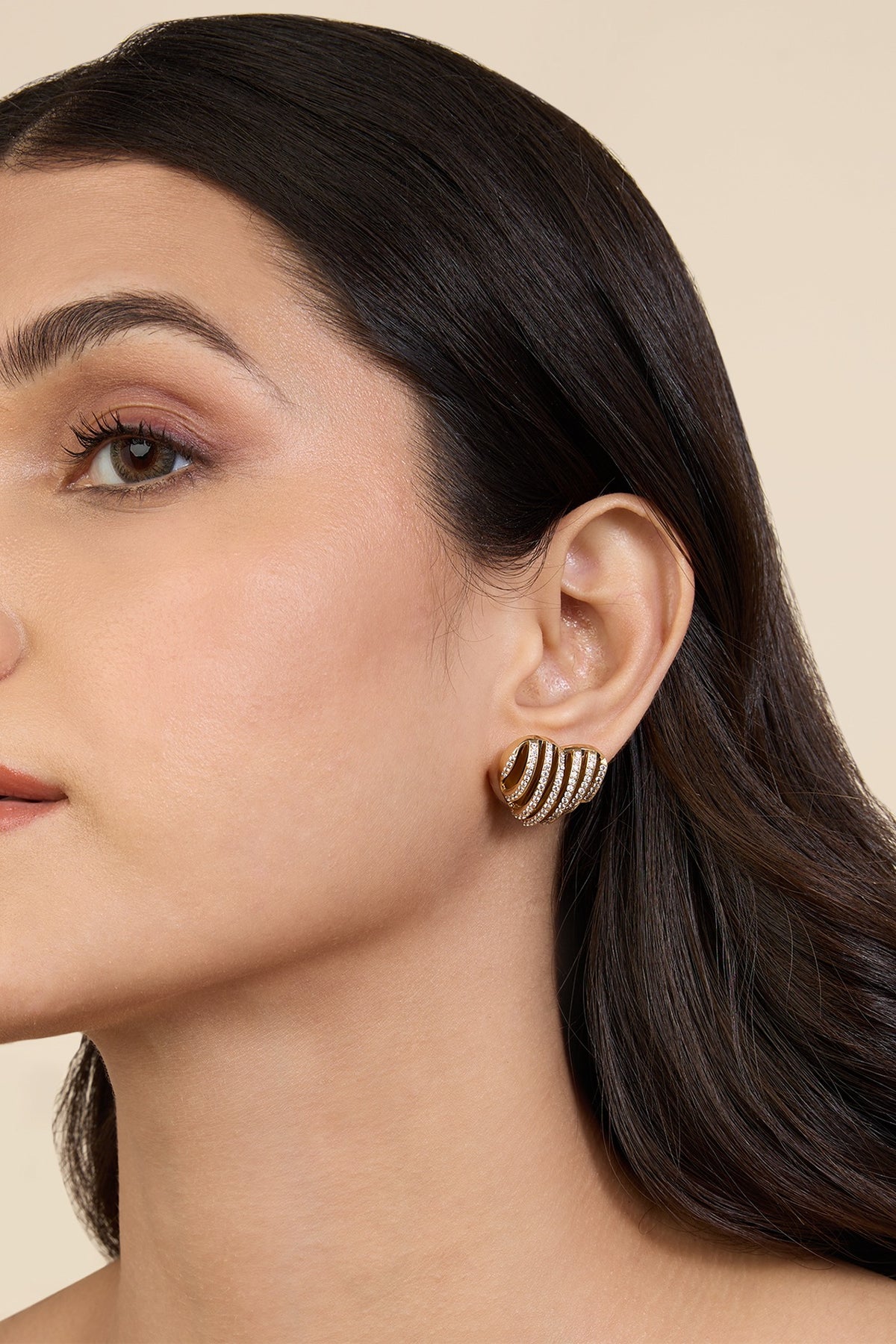 Gold Plated Black CZ Stone Enameled Heartbeat Stud Earrings