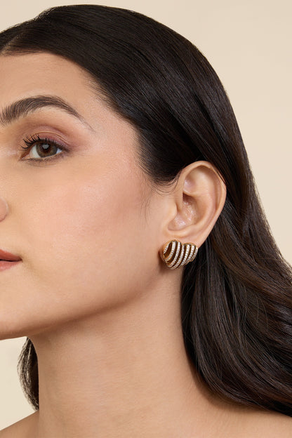 Gold Plated Black CZ Stone Enameled Heartbeat Stud Earrings