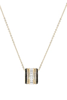 Gold Plated CZ Stone Black Enameled Disco Pendant Necklace