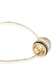 Gold Plated CZ Stone Black Enameled Disco Pendant Necklace