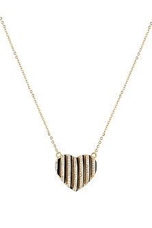 Gold Plated CZ Stone Black Enameled Heartbeat Pendant Necklace